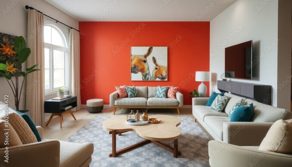 Stylish Mid-Century living room with a focus on comfort, showcasing a cozy sectional, a unique coffee table, and a vibrant accent wall that enhances the space. Stylish Mid-Century living room with a focus on comfort, showcasing a cozy sectional, a unique coffee table, and a vibrant accent wall that enhances the space.