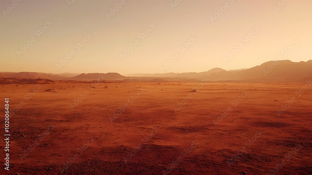 A vast, red desert landscape on Mars with mountains in the background. A vast, red desert landscape on Mars with mountains in the background.