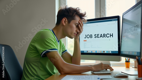 A young man looks stressed while searching for jobs on his computer. This image captures the challenges of job hunting and is perfect for career advice articles, recruitment websites, and motivation