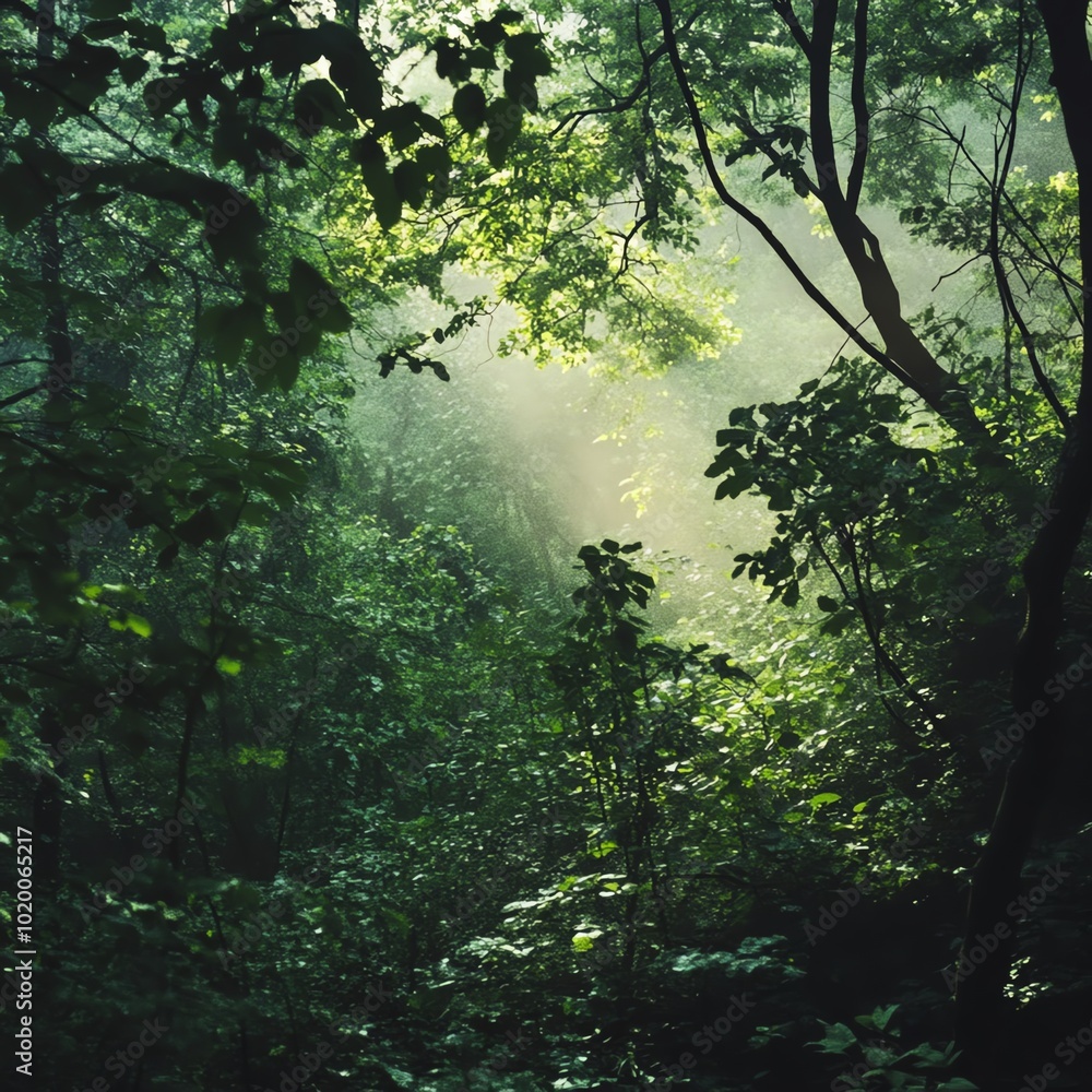 A dense, mystical forest bathed in the glow of early morning light, with rich green leaves and an otherworldly mist A dense, mystical forest bathed in the glow of early morning light, with rich green leaves and an otherworldly mist