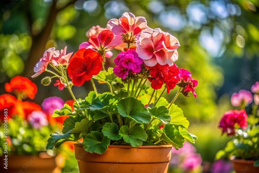 Vibrant Geranium Pot with Colorful Blooms in a Sunny Garden Setting on a Warm Summer Day Vibrant Geranium Pot with Colorful Blooms in a Sunny Garden Setting on a Warm Summer Day
