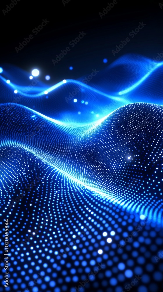 This artwork features dynamic blue waves flowing in a rhythmic pattern, illuminated by glowing dots against a deep black background, evoking a sense of fluidity and motion This artwork features dynamic blue waves flowing in a rhythmic pattern, illuminated by glowing dots against a deep black background, evoking a sense of fluidity and motion