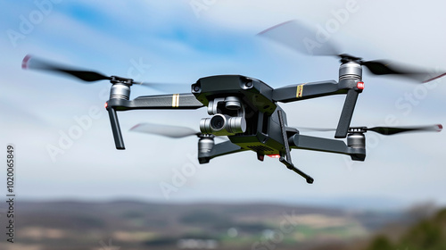 close-up on drone in flight, propellers blurred, scenic landscape below.