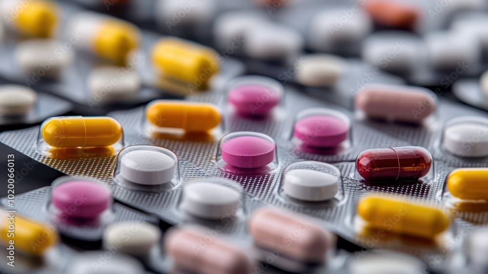 A vibrant mix of medicine pills and capsules displayed in a blister pack, showcasing an array of colors and shapes A vibrant mix of medicine pills and capsules displayed in a blister pack, showcasing an array of colors and shapes