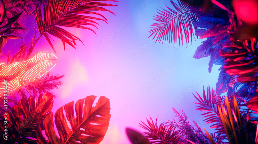 Tropical Neon Glow: Vibrant palm leaves frame a blank canvas bathed in a captivating neon glow, creating a surreal and tropical backdrop for your design needs. Tropical Neon Glow: Vibrant palm leaves frame a blank canvas bathed in a captivating neon glow, creating a surreal and tropical backdrop for your design needs.