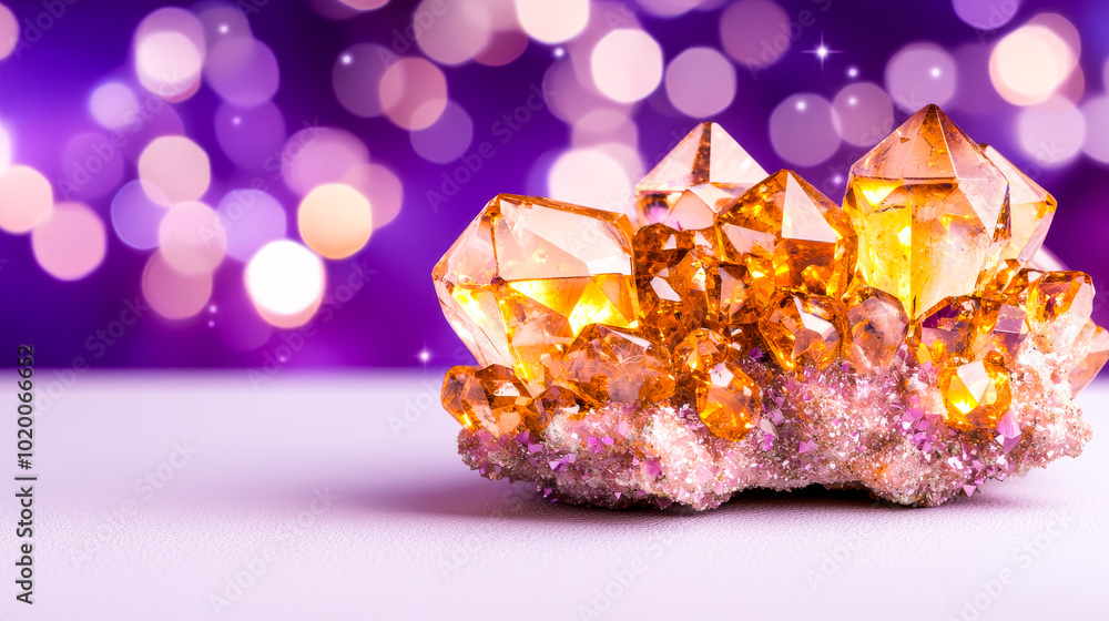 Radiant Citrine Cluster: A captivating image of a luminous citrine cluster on a soft surface, set against a dreamy purple bokeh background. The crystals sparkle, evoking feelings of warmth. Radiant Citrine Cluster: A captivating image of a luminous citrine cluster on a soft surface, set against a dreamy purple bokeh background. The crystals sparkle, evoking feelings of warmth.
