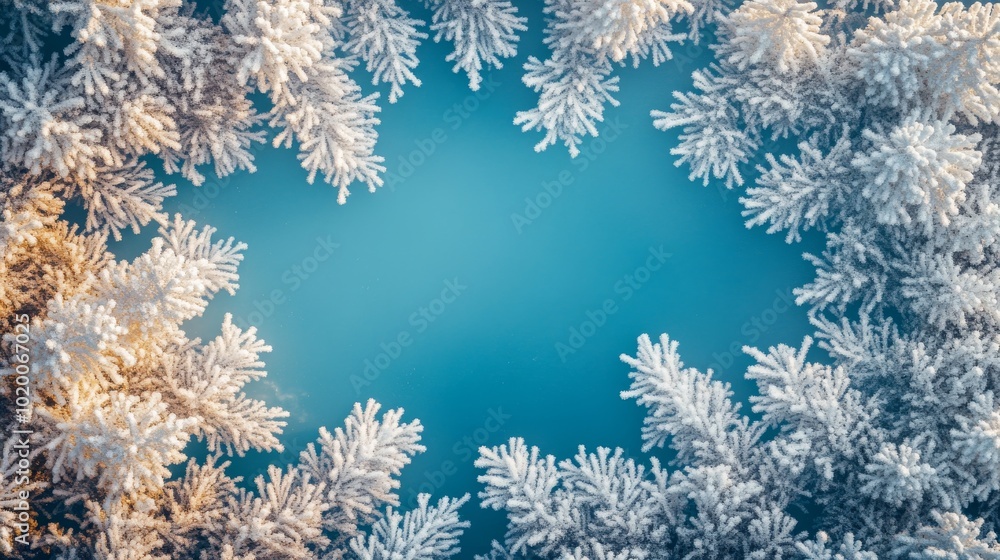 Frosty Pine Branches Frame a Blue Background Frosty Pine Branches Frame a Blue Background