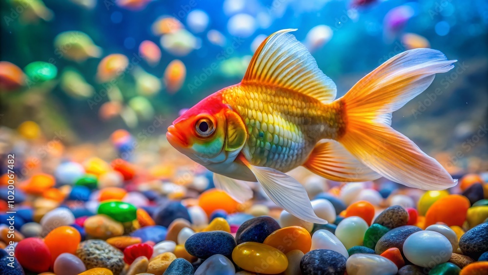 Fototapeta premium Vibrant Goldfish Swimming Gracefully in Clear Aquarium Water with Colorful Decorative Stones Below