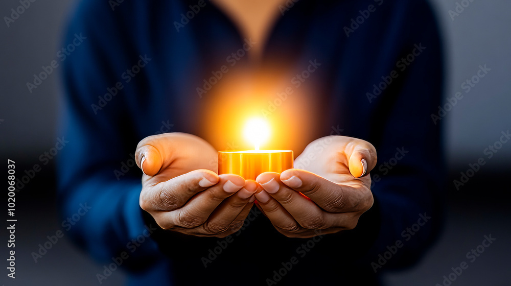Holding the Light: A pair of hands gently cradles a flickering candle, symbolizing hope, remembrance, and spiritual peace. The soft glow illuminates the scene. Holding the Light: A pair of hands gently cradles a flickering candle, symbolizing hope, remembrance, and spiritual peace. The soft glow illuminates the scene.