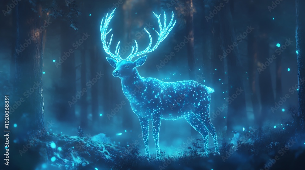 A fantastical deer with bioluminescent antlers, standing in a glowing forest A fantastical deer with bioluminescent antlers, standing in a glowing forest