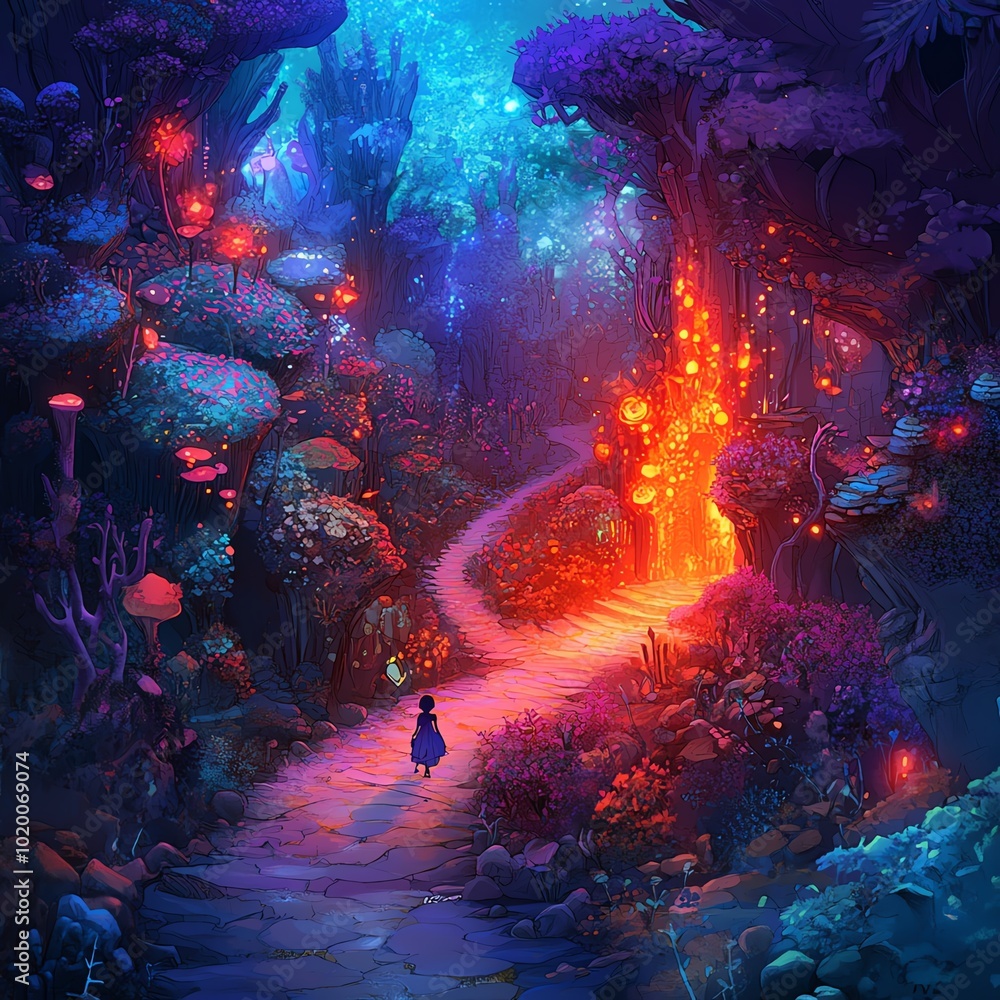 A fantastical dreamscape where 2D handdrawn characters walk through a vivid, glowing 3D world