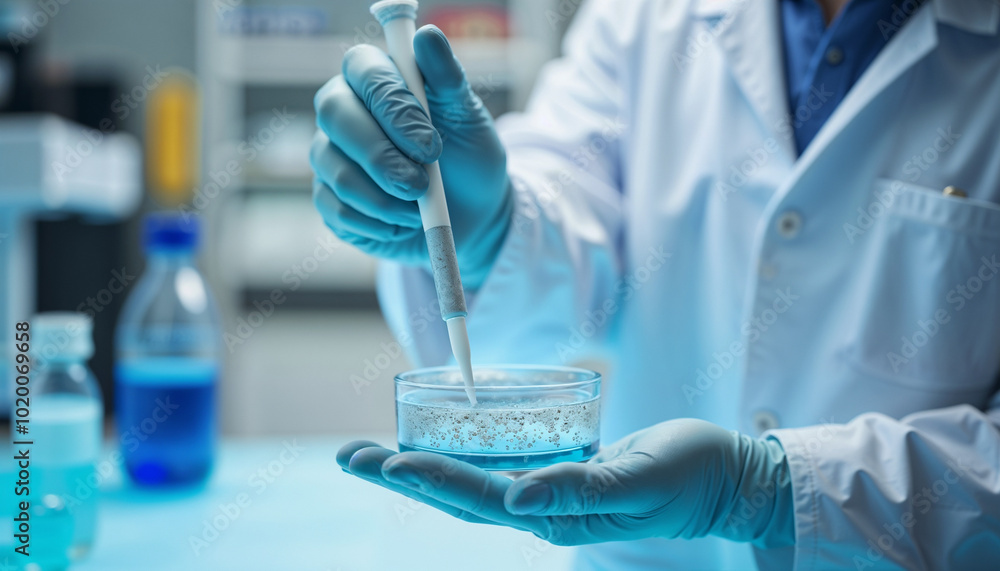 A technician handling stem cell samples in a lab, using a pipette to transfer cells to a petri dish A technician handling stem cell samples in a lab, using a pipette to transfer cells to a petri dish