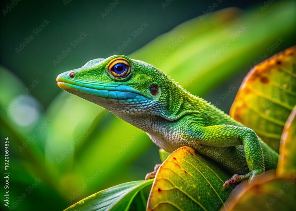 Fototapeta premium Vibrant Green Lizard on Leaf Surrounded by Nature, Showcasing Its Unique Texture and Coloration