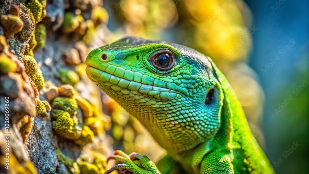 Obraz premium Vibrant Green Lizard Camouflaged on a Textured House Wall Surrounded by Nature's Beauty