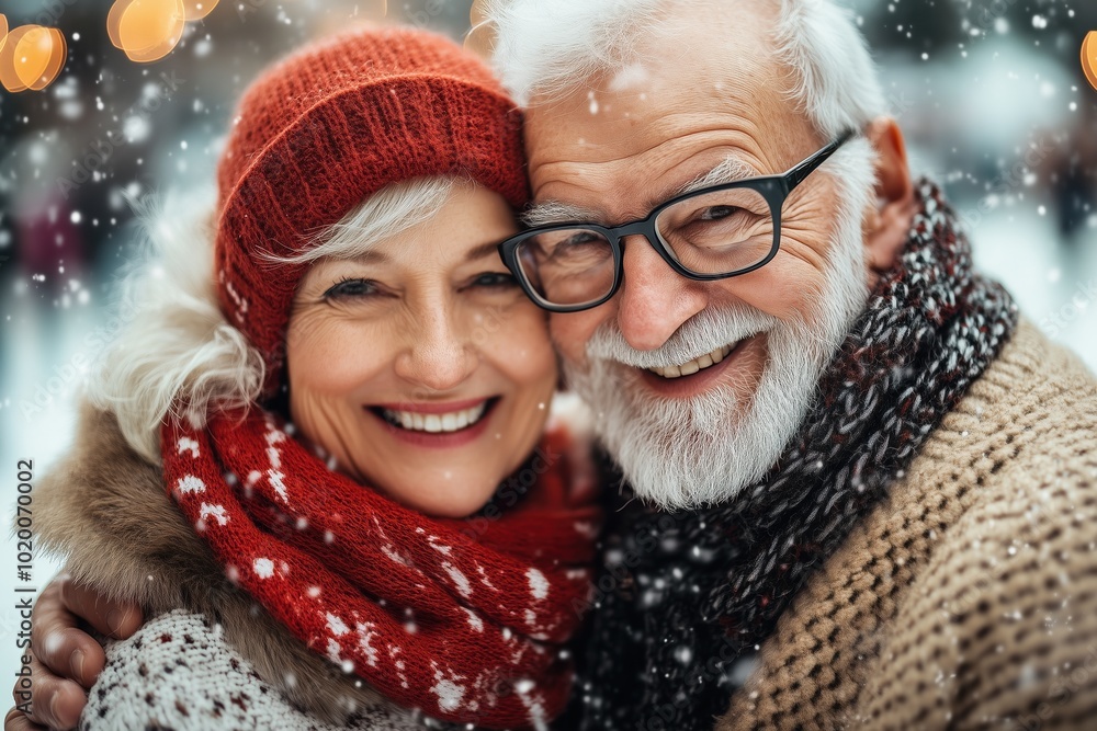 Joyful elderly couple standing close together outdoors in a snowy setting Joyful elderly couple standing close together outdoors in a snowy setting