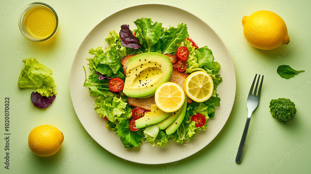A vibrant salad featuring fresh lettuce, avocado slices, cherry tomatoes, and lemon on a light green background, ideal for healthy eating themes. A vibrant salad featuring fresh lettuce, avocado slices, cherry tomatoes, and lemon on a light green background, ideal for healthy eating themes.