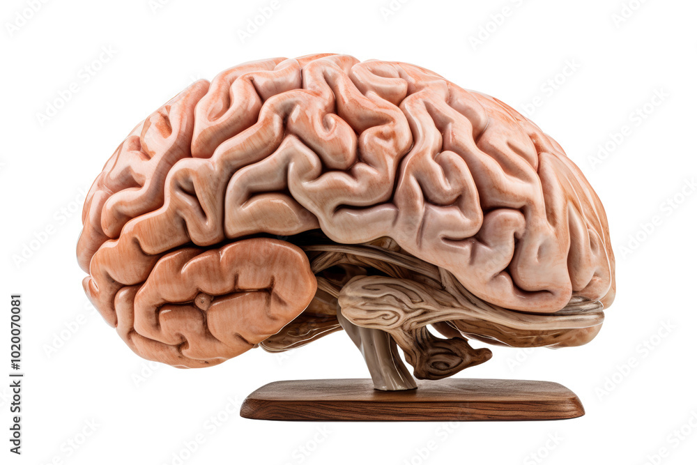 A detailed, realistic model of a human brain on a wooden base, showcasing intricate folds and structures. A detailed, realistic model of a human brain on a wooden base, showcasing intricate folds and structures.