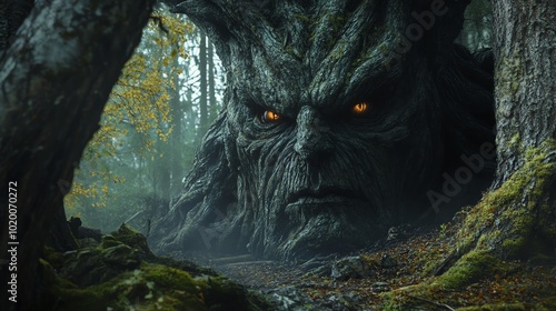 A Finnish Hiisi, a forest demon, lurking in the shadows of an ancient woodland photo