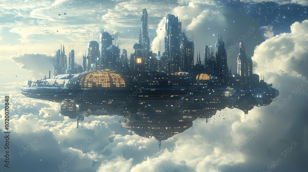 A floating metropolis in the clouds of a distant planet, powered by advanced solar technology A floating metropolis in the clouds of a distant planet, powered by advanced solar technology