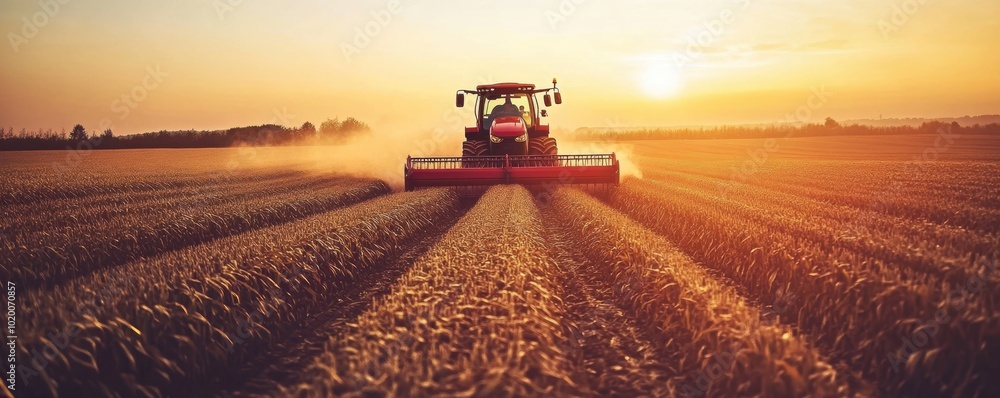 Fototapeta premium Tractor Sunset Harvest.