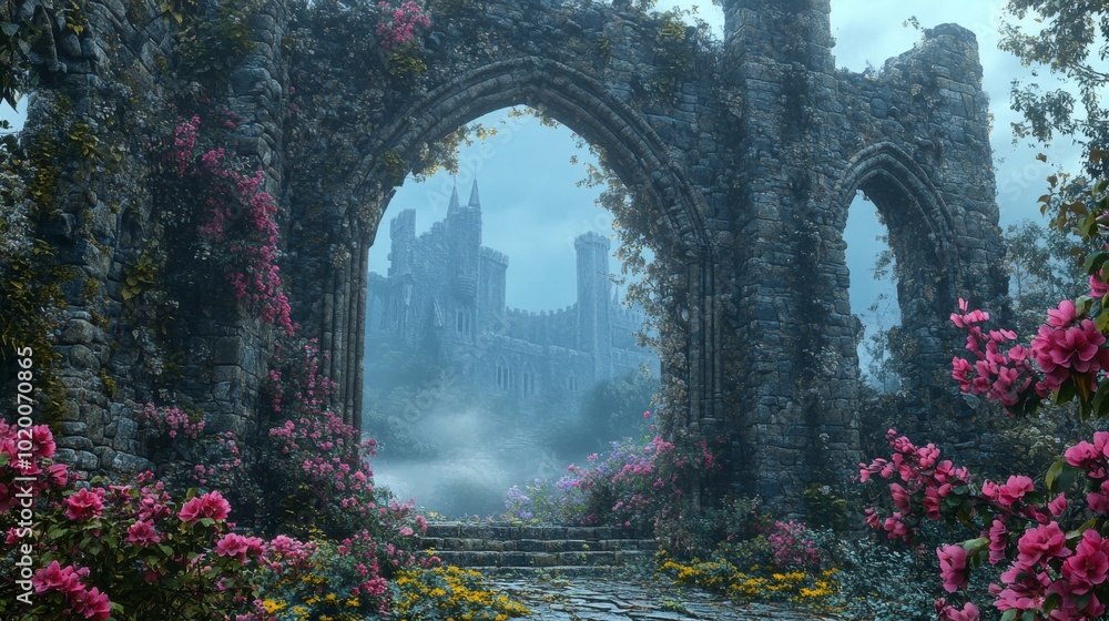 Stone Archway Framing a Foggy Medieval Castle in a Lush Garden Stone Archway Framing a Foggy Medieval Castle in a Lush Garden