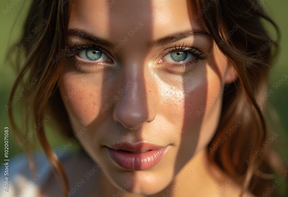 Close-up portrait of woman with bright blue eyes and freckles, natural sunlight casting shadows on face, beauty and nature photography Close-up portrait of woman with bright blue eyes and freckles, natural sunlight casting shadows on face, beauty and nature photography