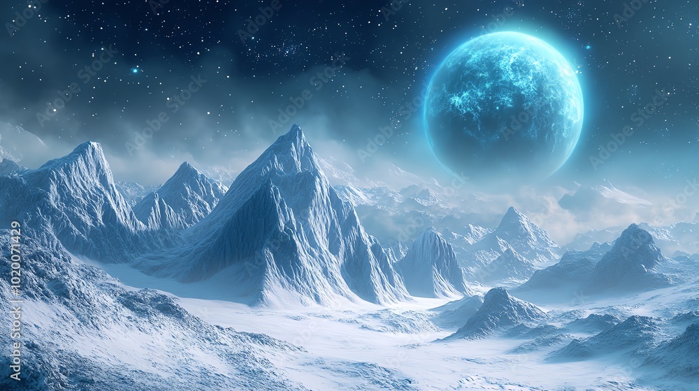 A frozen world with icy mountains and glaciers, orbiting a blue giant star A frozen world with icy mountains and glaciers, orbiting a blue giant star