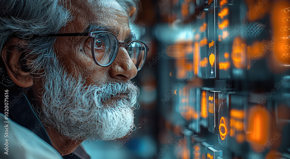 A senior Indian scientist at a digital market where social media icons. A senior Indian scientist at a digital market where social media icons.