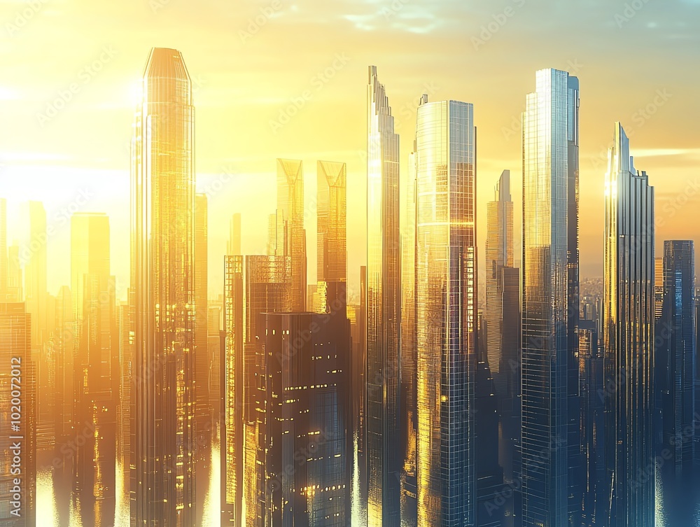 Futuristic city skyline at sunset with towering skyscrapers. Futuristic city skyline at sunset with towering skyscrapers.