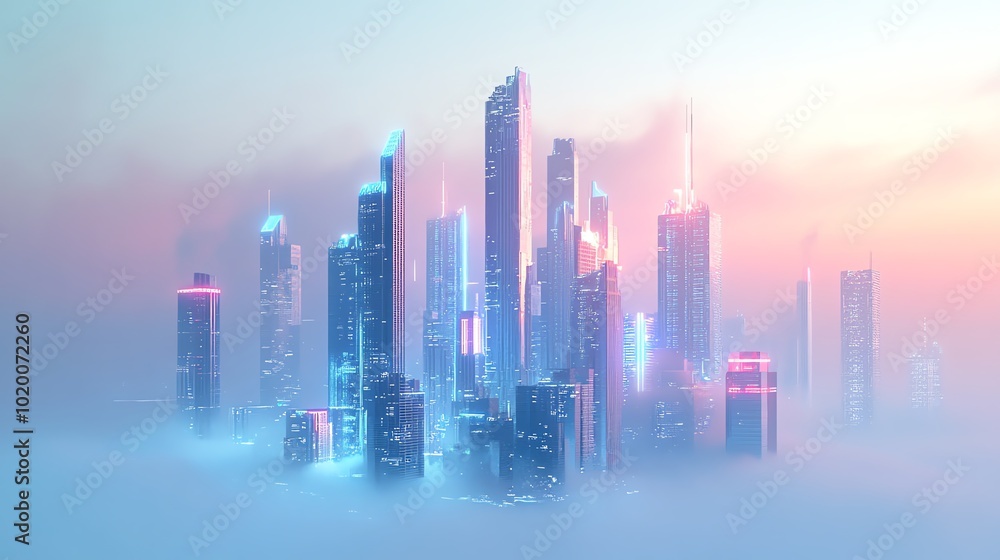 A futuristic cityscape combining 2D and 3D elements, with holographic buildings rising from a flat, minimalistic base