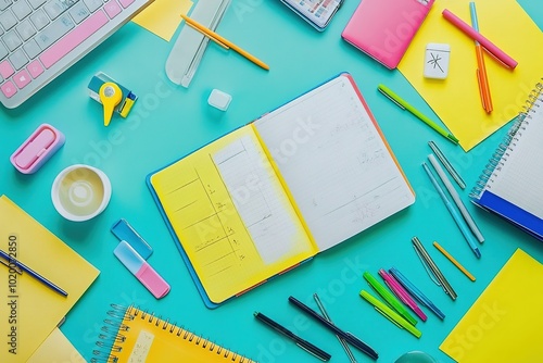 A planner open with colorful markers and motivational quotes around it. Bright cheerful light. Organized workspace background.