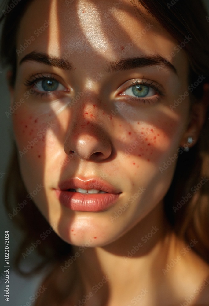 Close-up portrait of woman with bright blue eyes and freckles, natural sunlight casting shadows on face, beauty and nature photography Close-up portrait of woman with bright blue eyes and freckles, natural sunlight casting shadows on face, beauty and nature photography