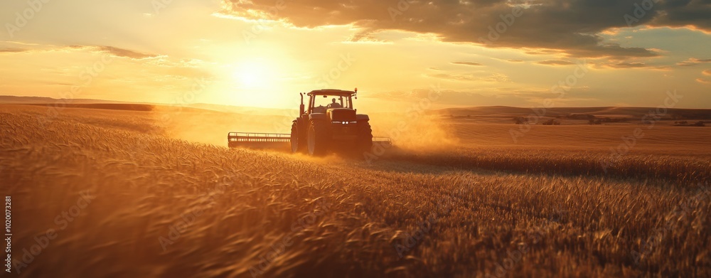 Fototapeta premium Tractor Sunset Harvest.