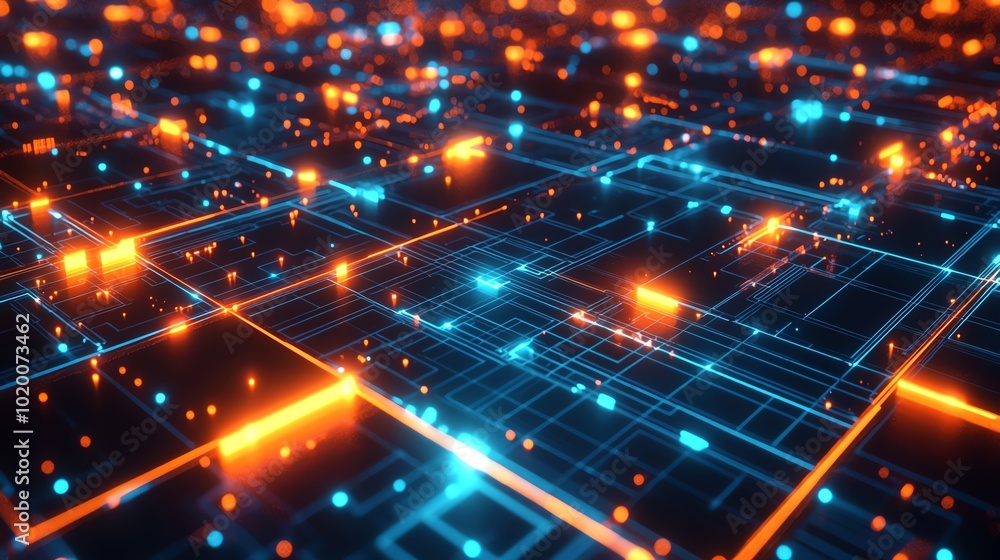 Fototapeta premium A futuristic grid of luminous squares and lines, pulsating with energy and forming a digital labyrinth