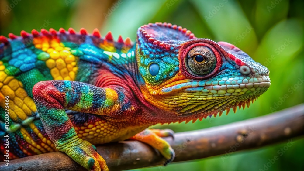 Obraz premium Vibrant Jackson's Chameleon Displaying Colorful Skin Patterns on a Branch in Natural Habitat