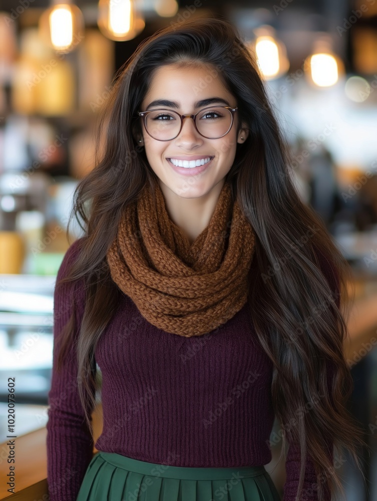 A young woman wearing glasses, a brown knit scarf, and a purple sweater, smiles warmly in a cozy cafe with soft lighting and a relaxing atmosphere A young woman wearing glasses, a brown knit scarf, and a purple sweater, smiles warmly in a cozy cafe with soft lighting and a relaxing atmosphere
