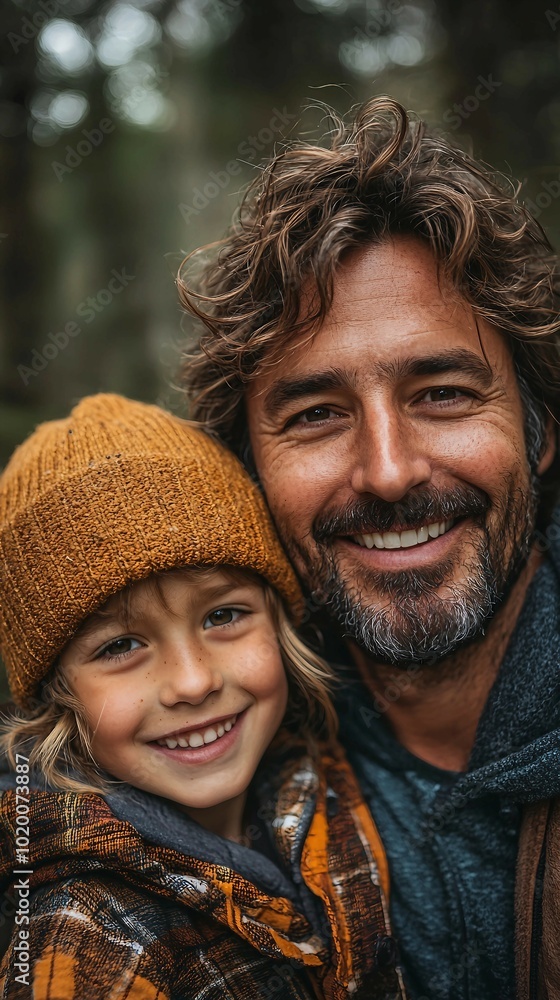 Happy father and son smiling together in the forest Happy father and son smiling together in the forest