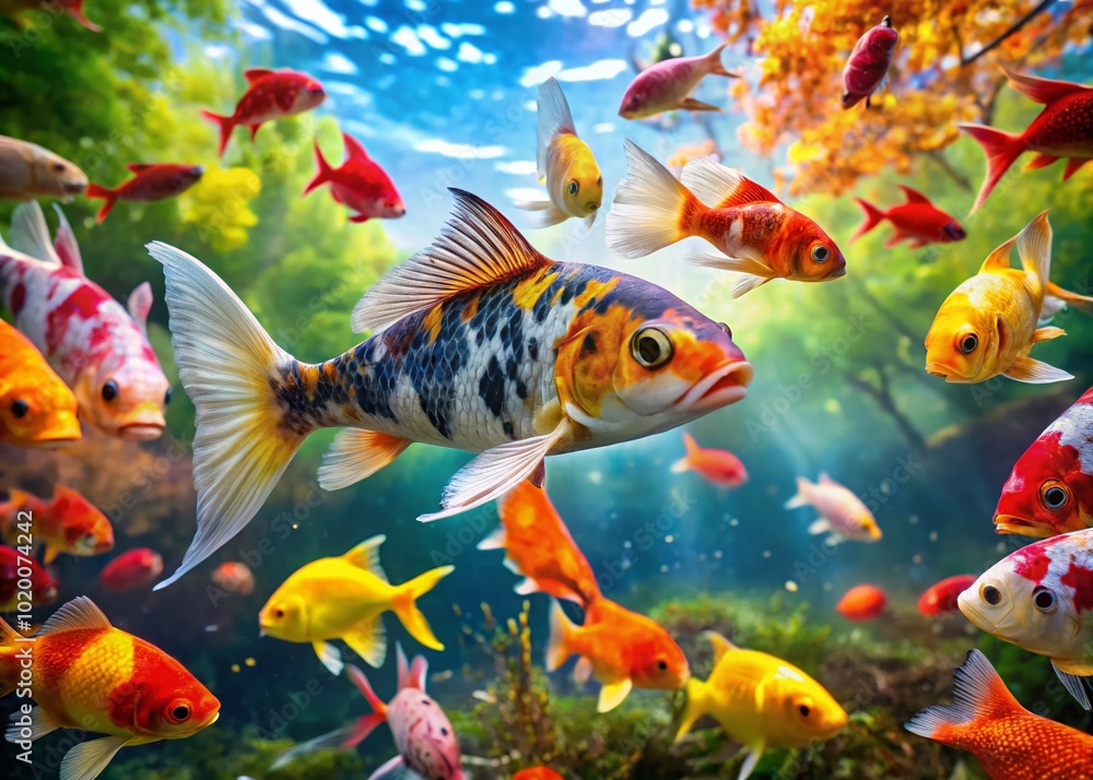 Fototapeta premium Vibrant Koi Butterfly Fish Swimming Gracefully in a Serene Water Environment Full of Colorful Foliage