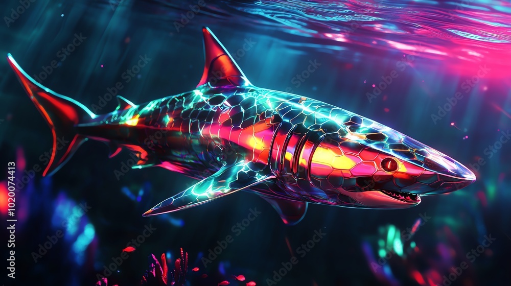 A futuristic shark with metallic scales, swimming in a neon ocean A futuristic shark with metallic scales, swimming in a neon ocean