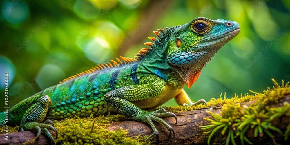 Obraz premium Vibrant Lagartija Dragon Resting on a Branch in the Lush Green Forest of Central America