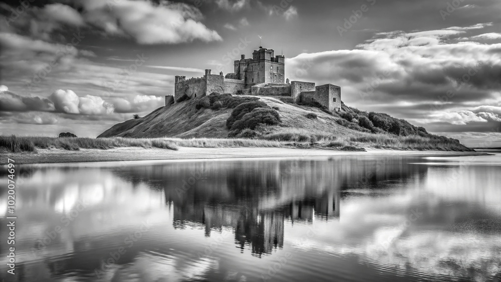Bamburgh castle on hill with lake in Holy Island Northumberland in black and white Depth of Field Bamburgh castle on hill with lake in Holy Island Northumberland in black and white Depth of Field