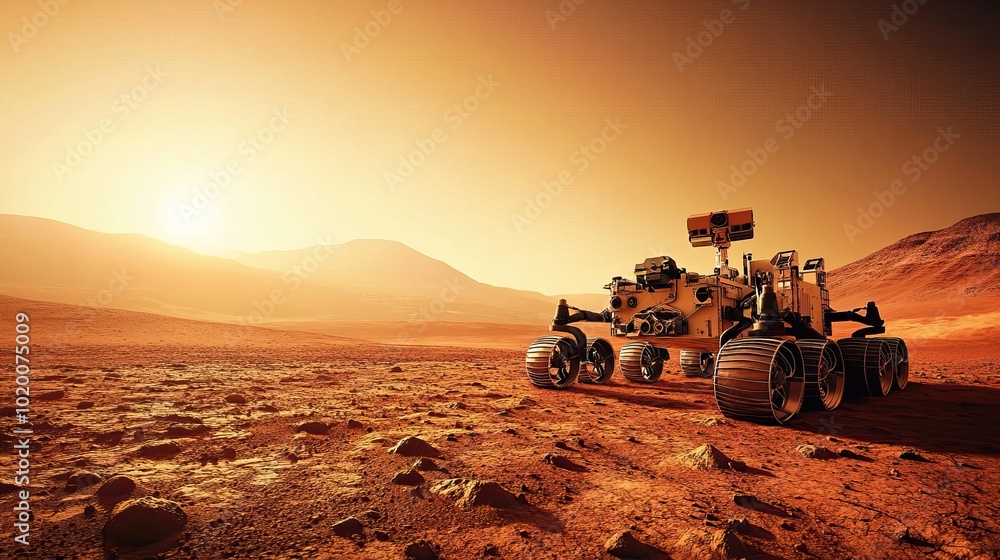 Fototapeta premium Mars Rover on a Martian Landscape at Sunset
