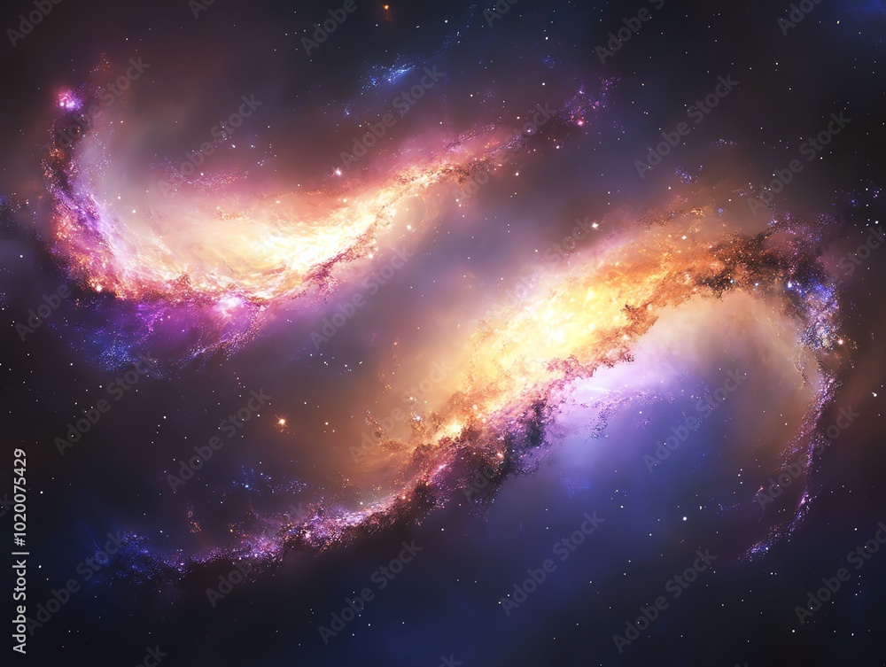 A galactic collision between two massive galaxies, with stars and gas clouds merging in a cosmic dance A galactic collision between two massive galaxies, with stars and gas clouds merging in a cosmic dance