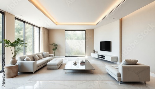 Luxury minimalist living room with rare marble furniture, smooth beige walls, a floating glass TV unit, and large windows flooding the space with natural light.