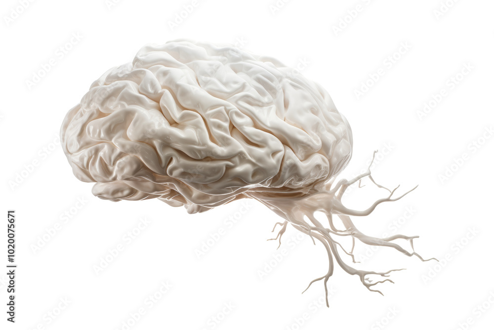 A realistic model of a human brain, showcasing intricate details and textures, on a white isolated background. A realistic model of a human brain, showcasing intricate details and textures, on a white isolated background.