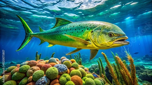 Vibrant Mahi Mahi Fish Swimming in Crystal Clear Ocean Waters with Coral Reef Background