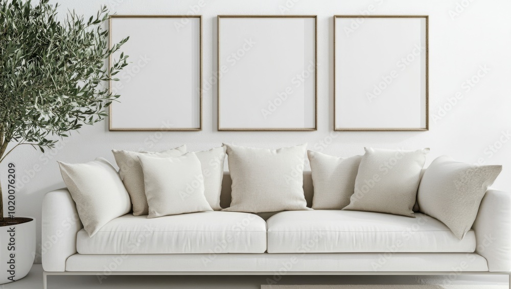 A white sofa with three throw pillows sits in front of a white wall with three empty picture frames, a green plant sits to the left of the sofa. A white sofa with three throw pillows sits in front of a white wall with three empty picture frames, a green plant sits to the left of the sofa.