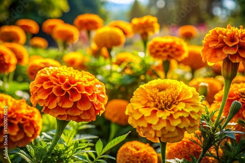 Vibrant Marigold Blossoms in Full Bloom Captured in a Sunlit Garden Setting for Nature Lovers