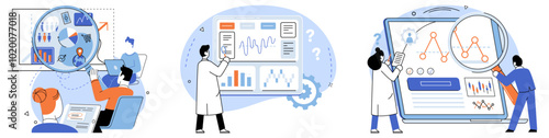 Competitors analysis vector illustration. Research, archaeologist, excavates layers competitors history, revealing patterns and trends Analyzing, conductor, orchestrates symphony data to discern
