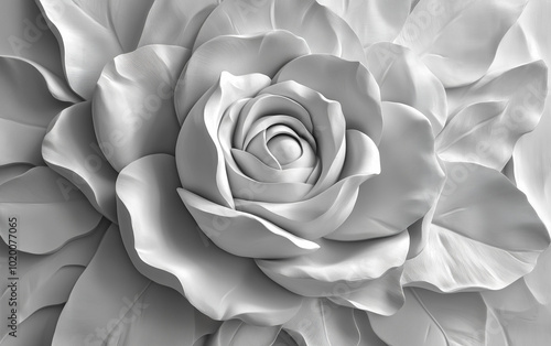 the surface of the plaster sculpture of a gray-white rose made of plaster, a large, open flower, thick petals round and detailed plaster material petal sur photo